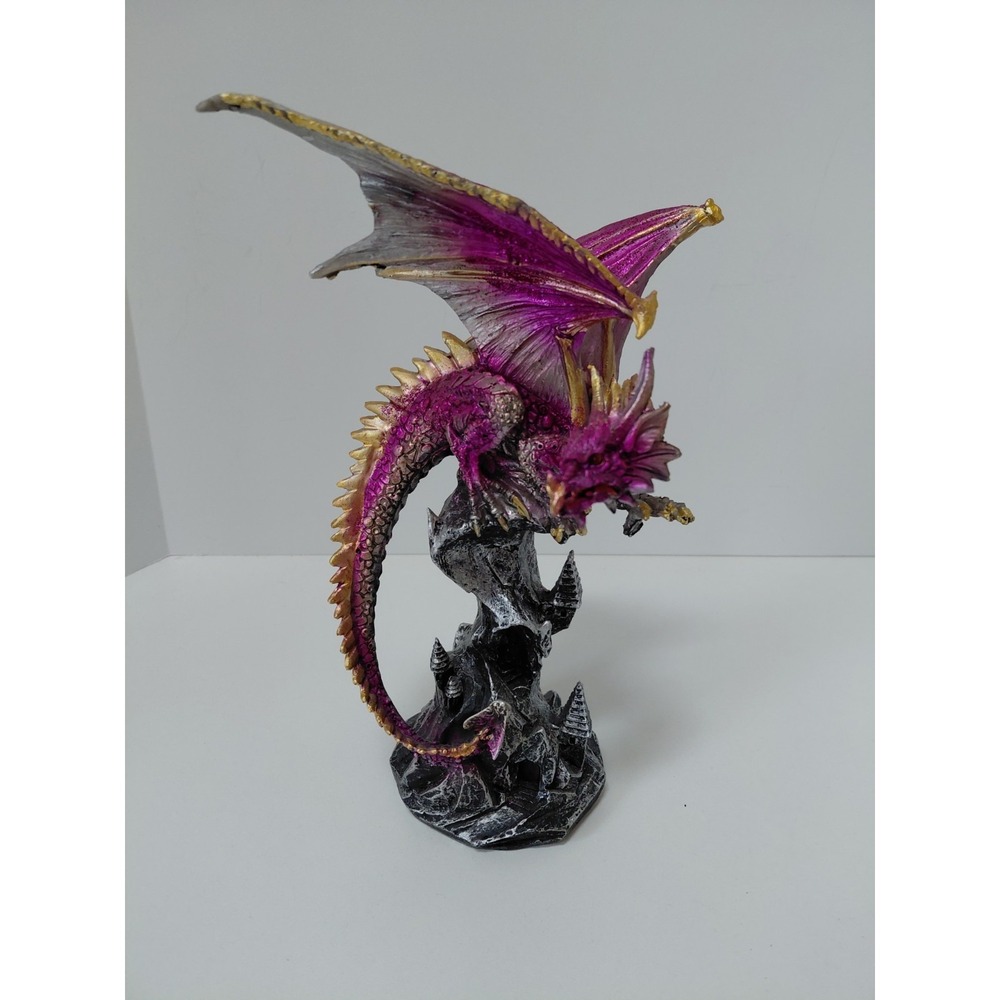 Beautiful Metallic Purple Dragon Perched on Rock 9" Statute